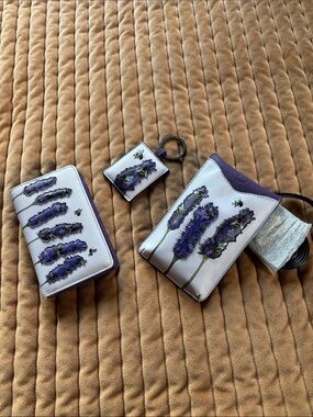 Purple and bumblebee Leather Accordion Wallet with Floral Card Pouch set